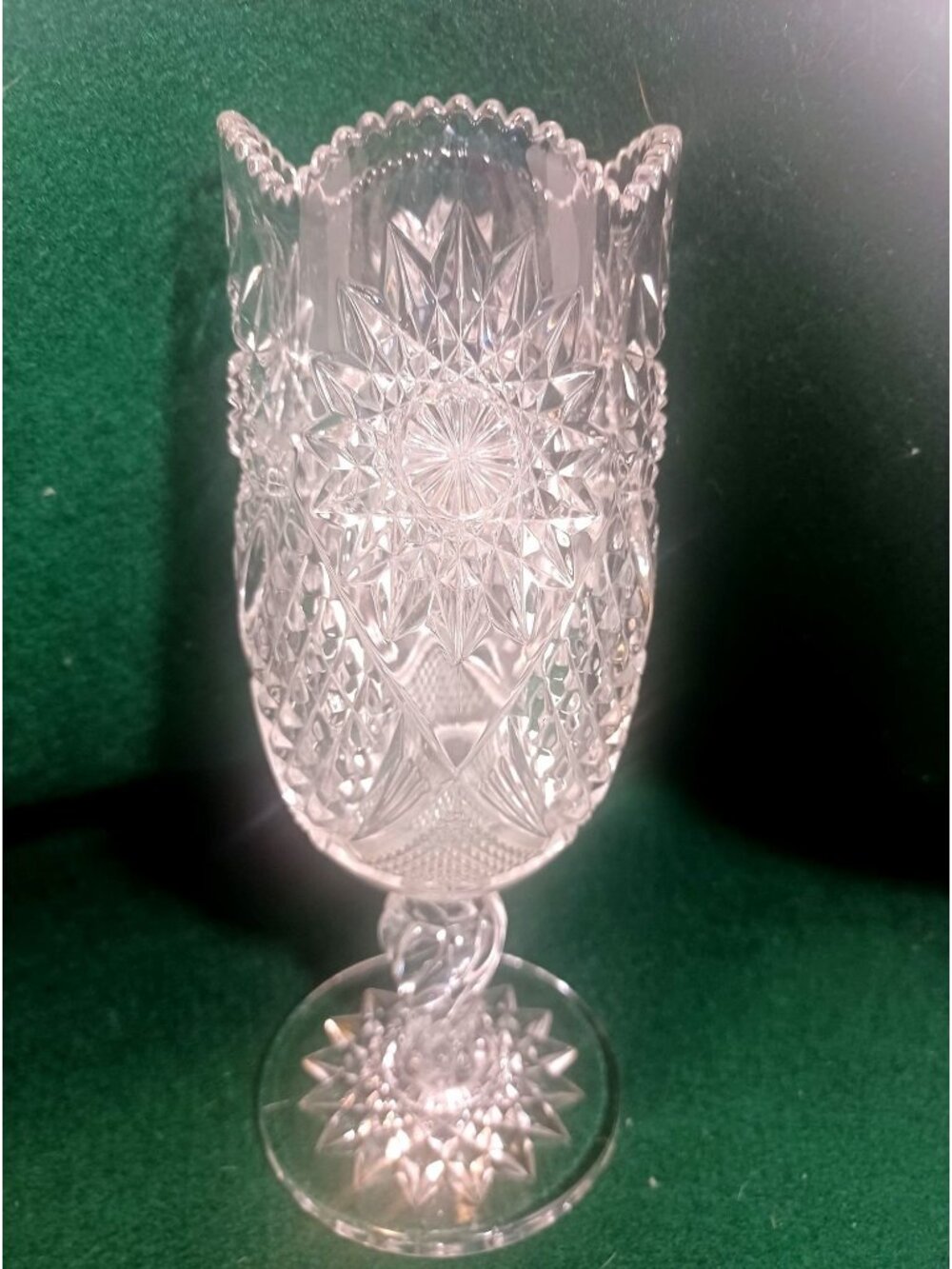 Vintage Cut glass EAPG Spooner Celery Vase Pedestal Starburst Scalloped rim